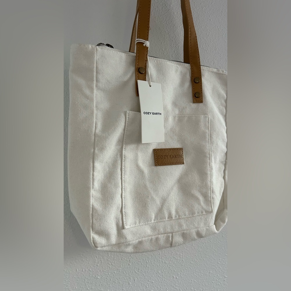 Cozy Earth Cream Canvas Tote with Tan Leather Handles - Picture 2 of 4